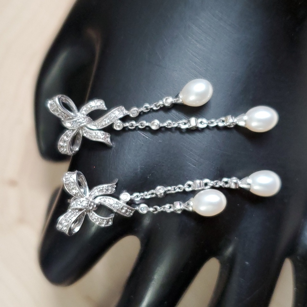 Genuine Diamond Sterling Silver 925 Bow Pearl Dangle Earrings